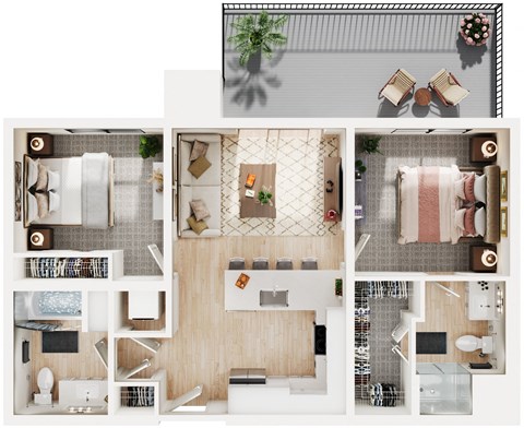 a floor plan of a two bedroom apartment with two bathrooms and a balcony